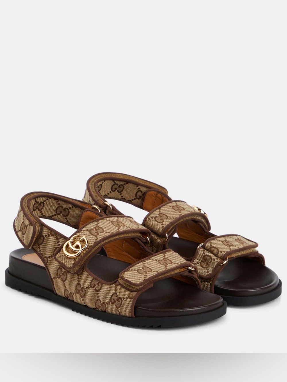 Gucci Beige Brown GG Canvas Double Strap Sandals with Gold Hardware